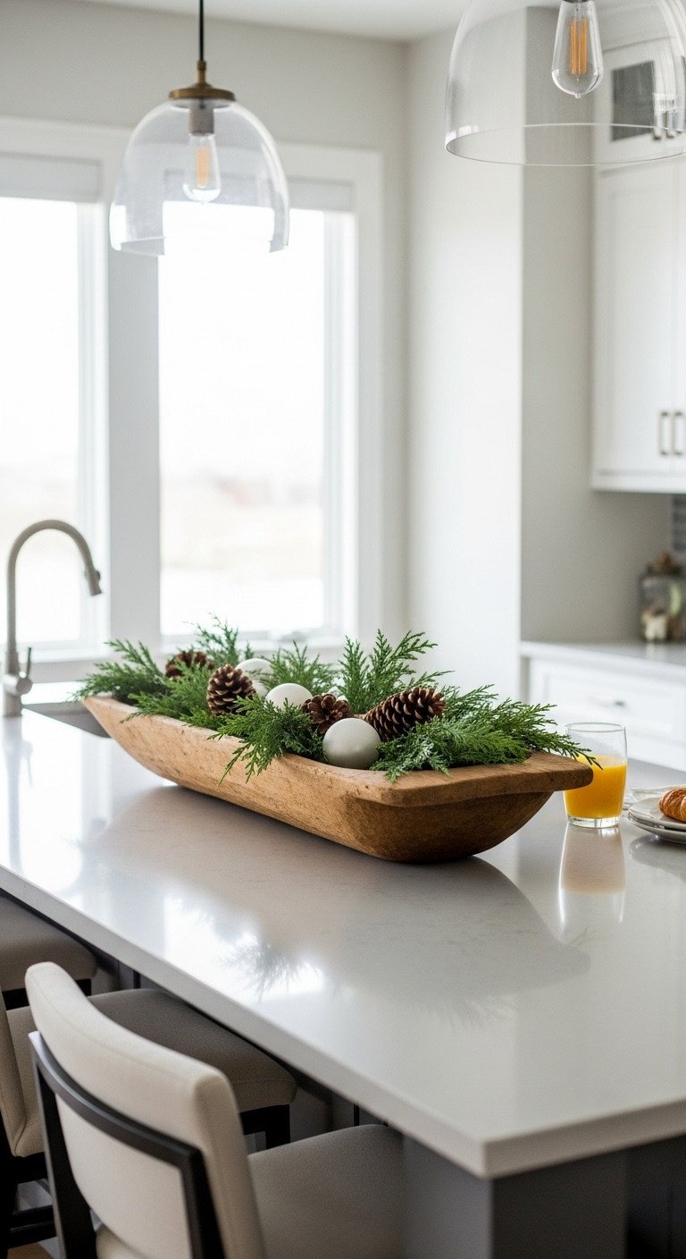 Modern Christmas kitchen island centerpiece with a rustic wooden dough bowl filled with cedar boughs pinecones and white ornaments
