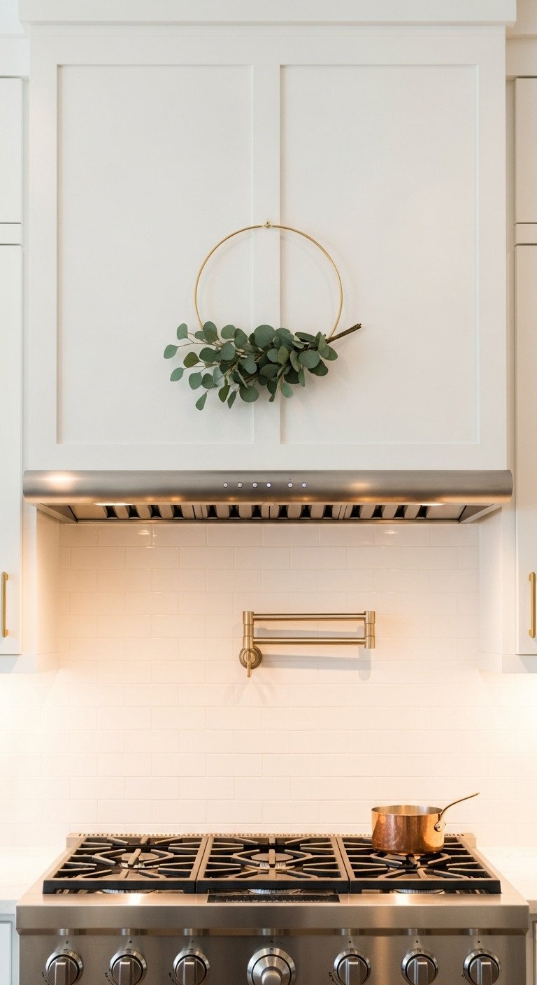 Modern Christmas kitchen range hood with a minimalist brass hoop wreath with faux eucalyptus and a copper pot on the stove