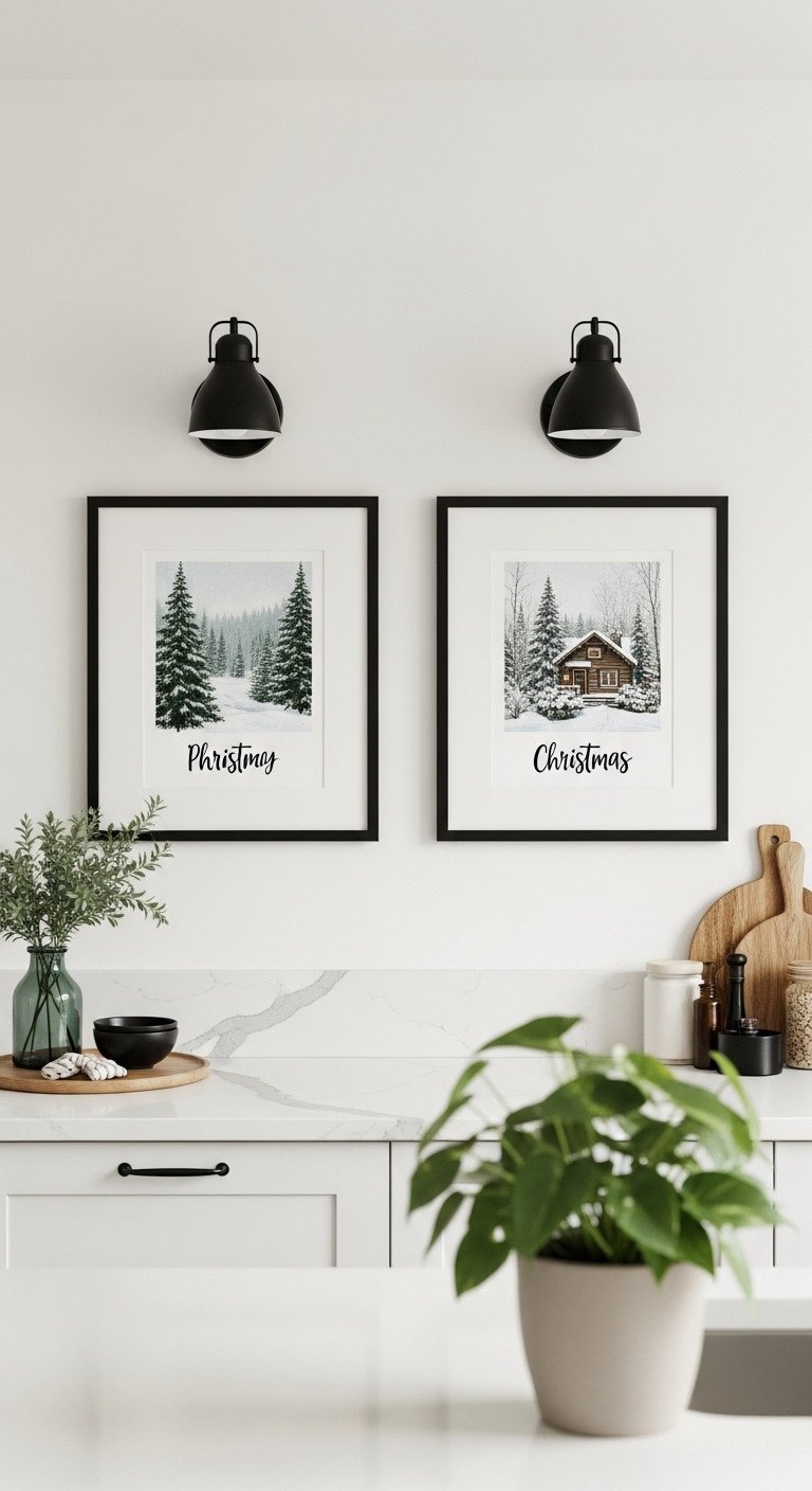 Modern Christmas kitchen wall decor two black framed winter landscape art snowy forest cozy cabin green plant on counter
