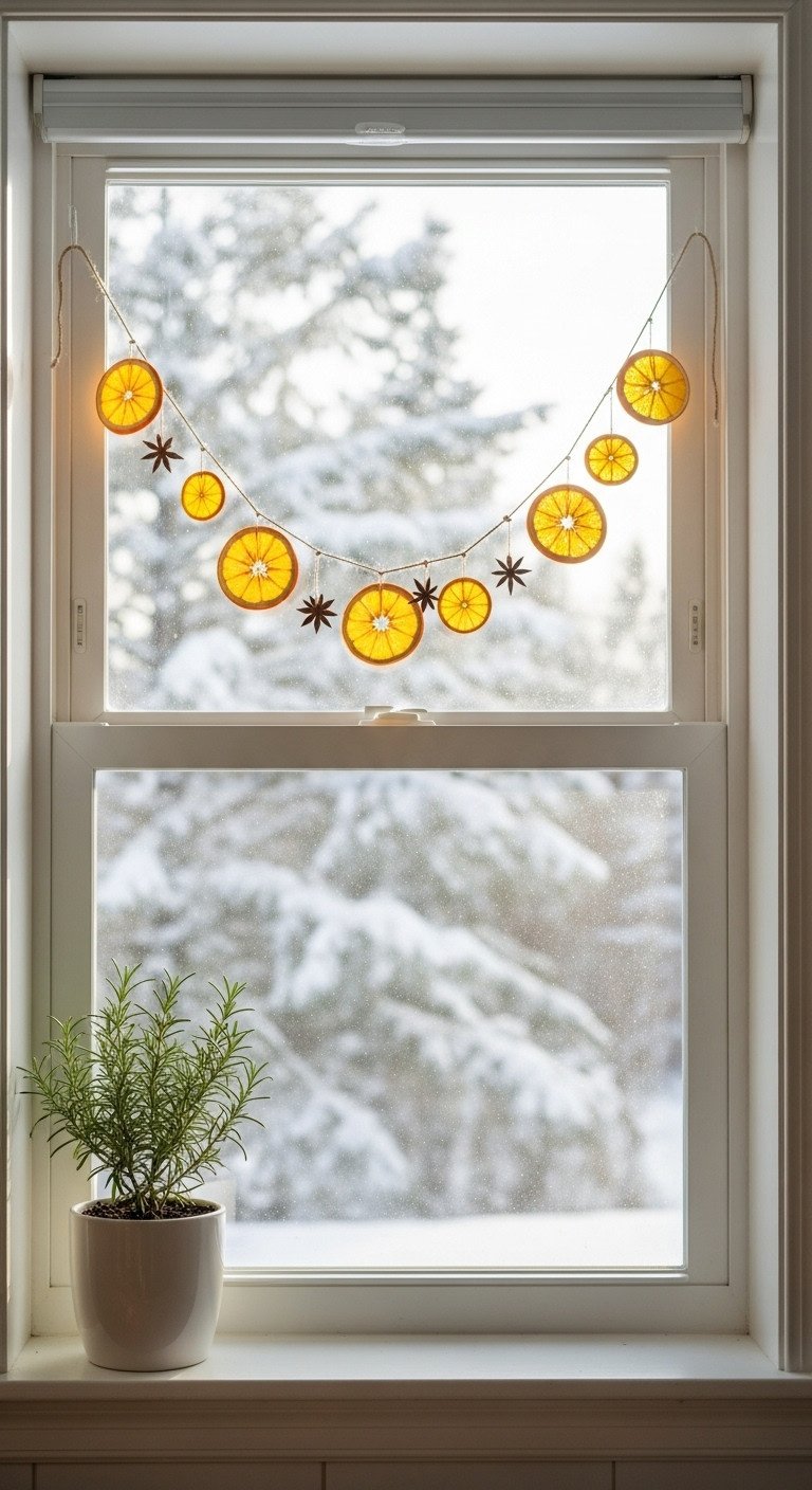 Modern Christmas kitchen window with a dried orange slice and star anise garland a rosemary plant on the windowsill and snowy trees outside