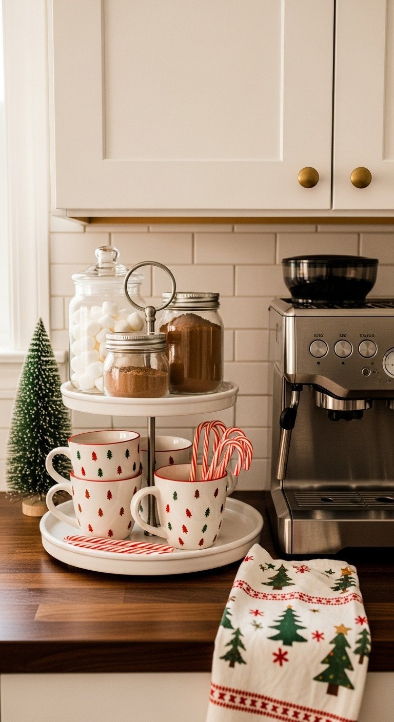 Modern Christmas kitchen with a festive hot cocoa bar on a two-tier white ceramic tray next to a coffee machine on a dark wood countertop
