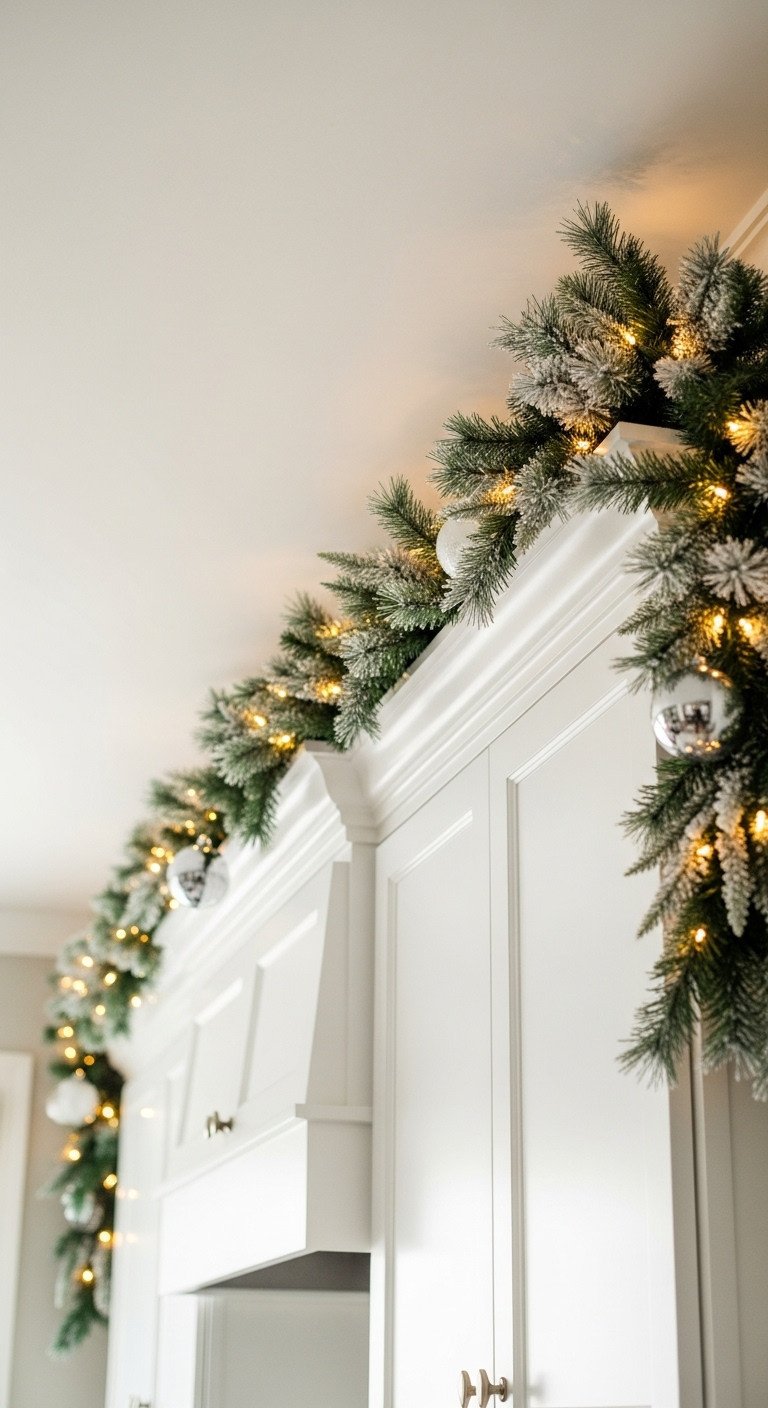 Modern Christmas kitchen with a lush pre-lit frosted pine garland draped above white shaker cabinets with silver and white ornaments