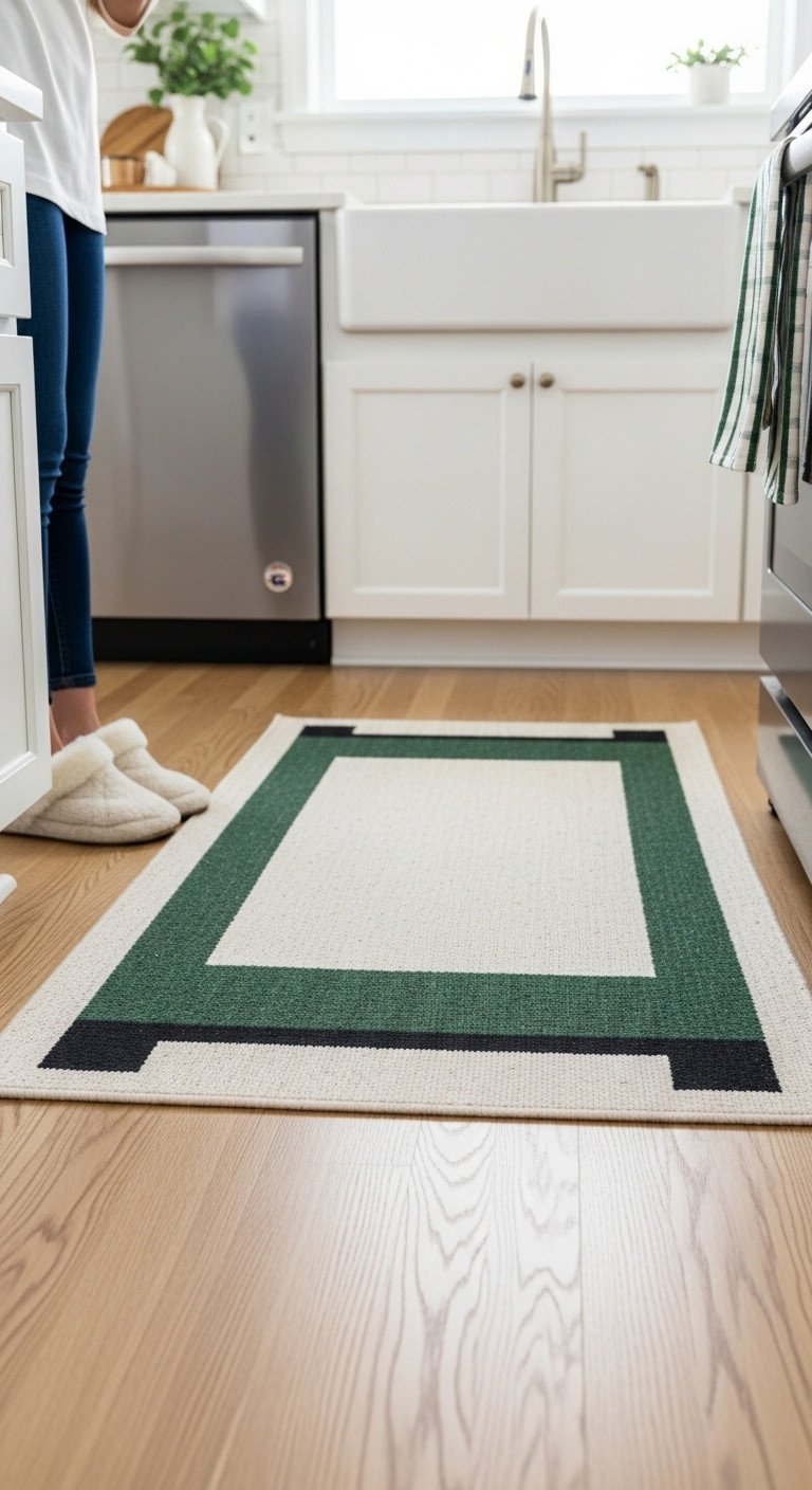 Modern Christmas kitchen with a stylish green cream and black geometric runner rug on a light oak hardwood floor