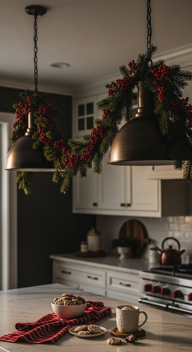 Modern Christmas kitchen with bold berry-filled garland wrapped around pendant lights over a marble island with cookies and hot cocoa