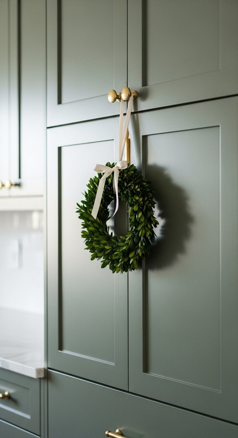 Modern Christmas kitchen with dark green cabinets adorned with a small preserved boxwood wreath and cream silk ribbon on marble countertop