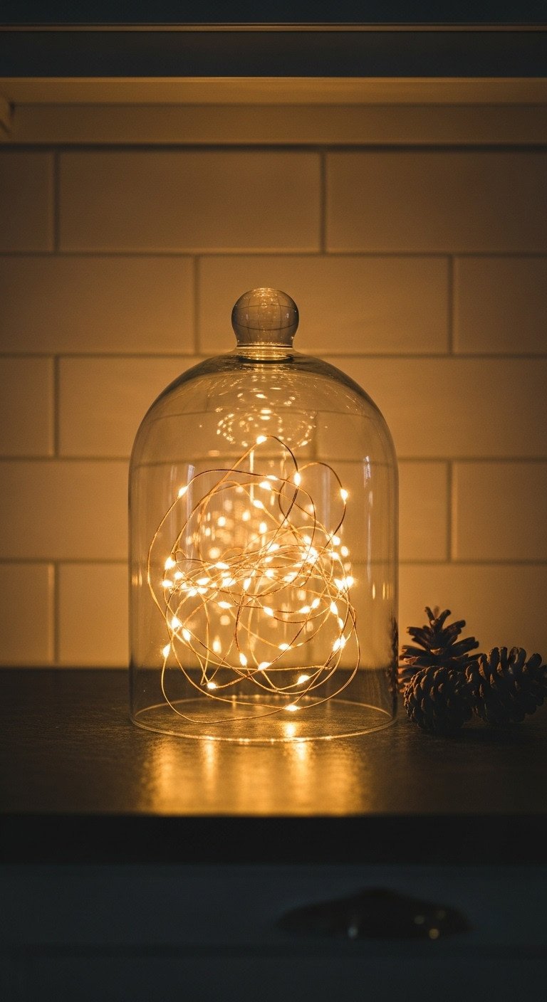 Modern Christmas kitchen with elegant lighting a glass cloche filled with warm fairy lights and pinecones on a dark soapstone countertop