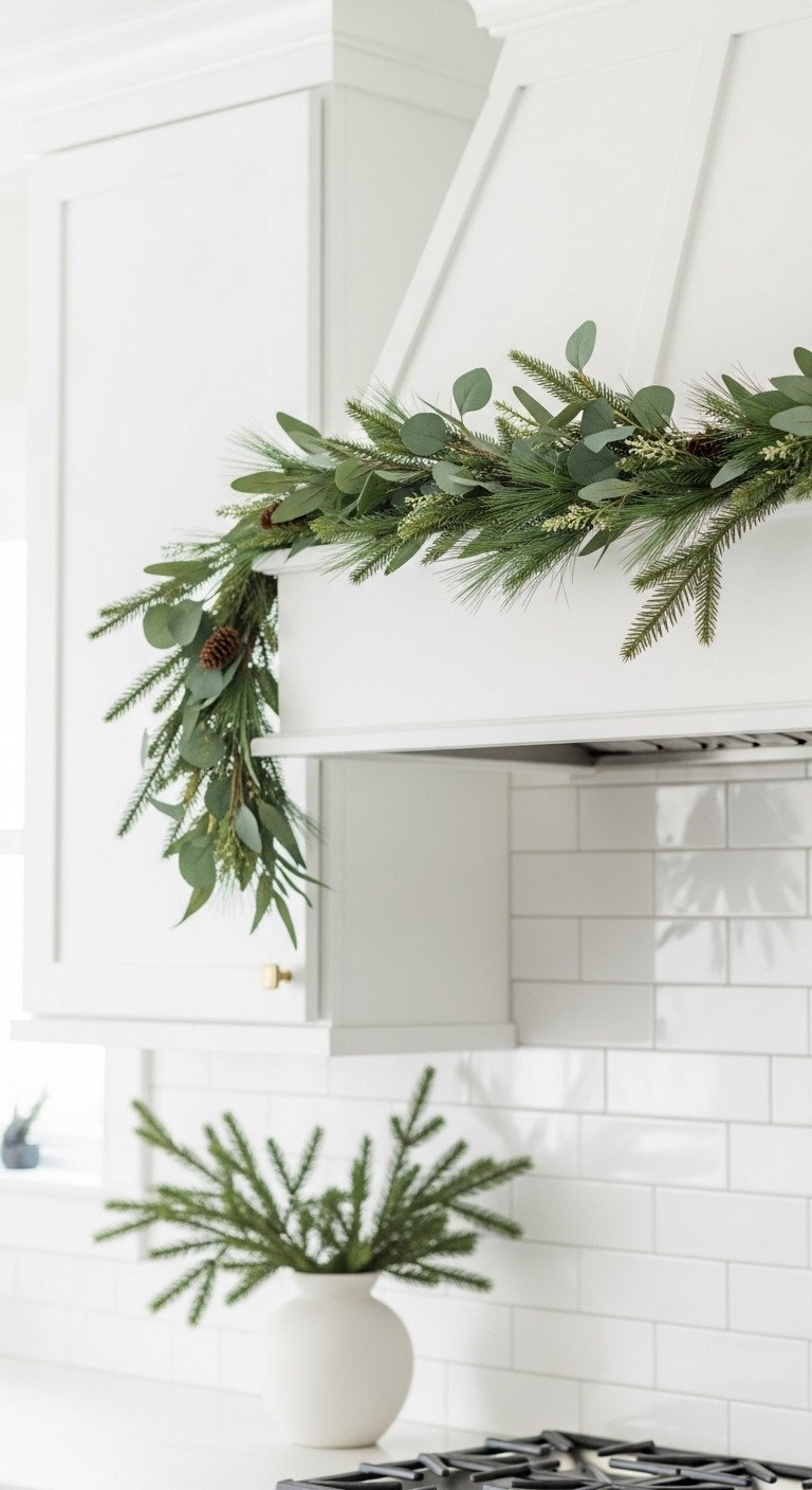 Modern Christmas kitchen with minimalist faux eucalyptus and pine garland on a sleek range hood with a white vase and pine bough