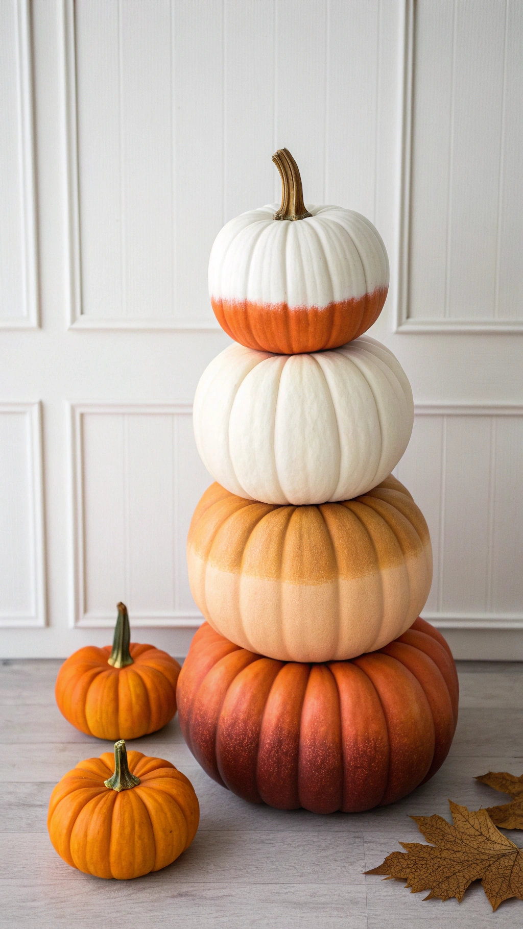 Modern Halloween kitchen centerpiece with an ombré purple pumpkin display on a white quartz island with subtle spider decor