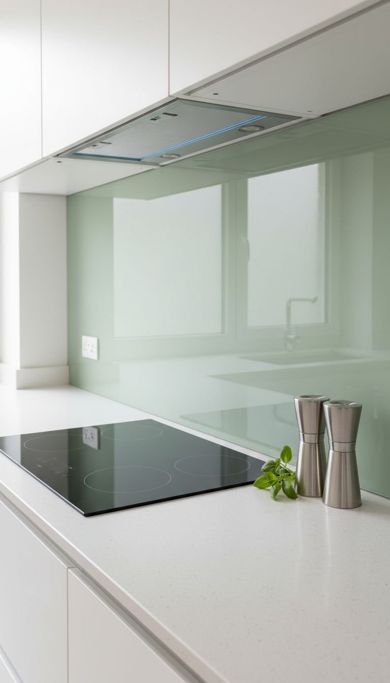 Modern Indian kitchen with sage green back-painted glass backsplash, white quartz counter, sleek black hob. Minimalist design.