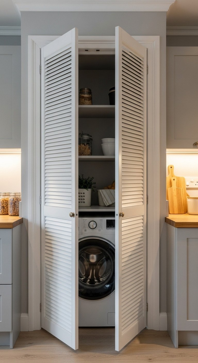 Modern Indian kitchen with white louvered bi-fold doors, one ajar, revealing a concealed washing machine and organized shelves.