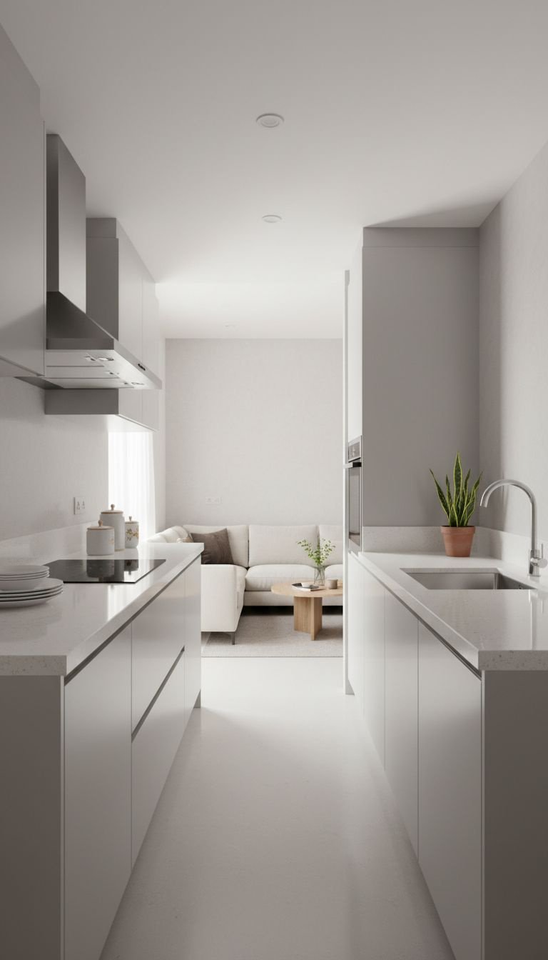 Modern Indian parallel kitchen with light grey handleless cabinets, white quartz countertops, hob, sink. Efficient small apartment design.