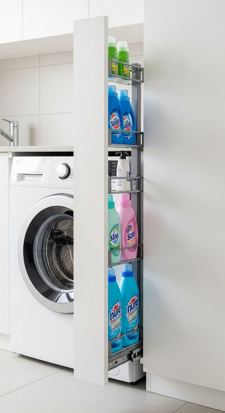 Modern Indian utility area with slim white pull-out pantry cabinet open, revealing detergents and softeners, next to washing machine.