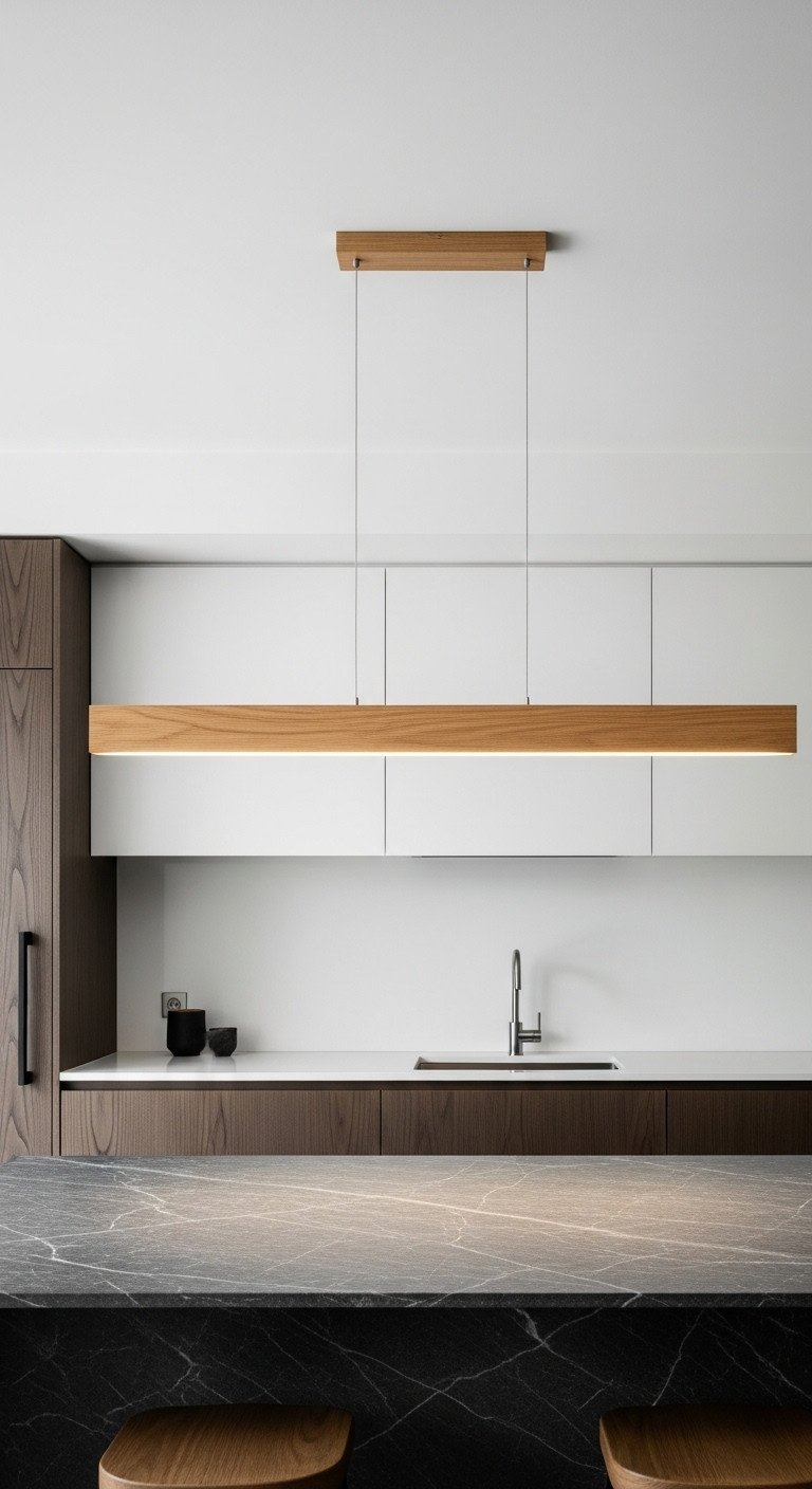 Modern Japandi kitchen with a sleek wooden linear suspension light over a dark soapstone island