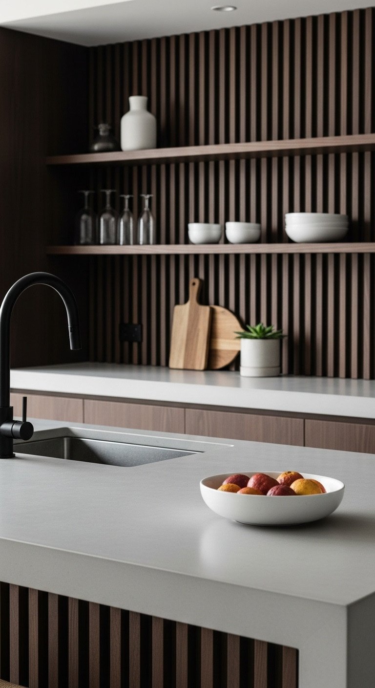 Modern Japandi kitchen with minimalist light gray concrete countertop dark wood paneling black faucet and potted succulent in daylight