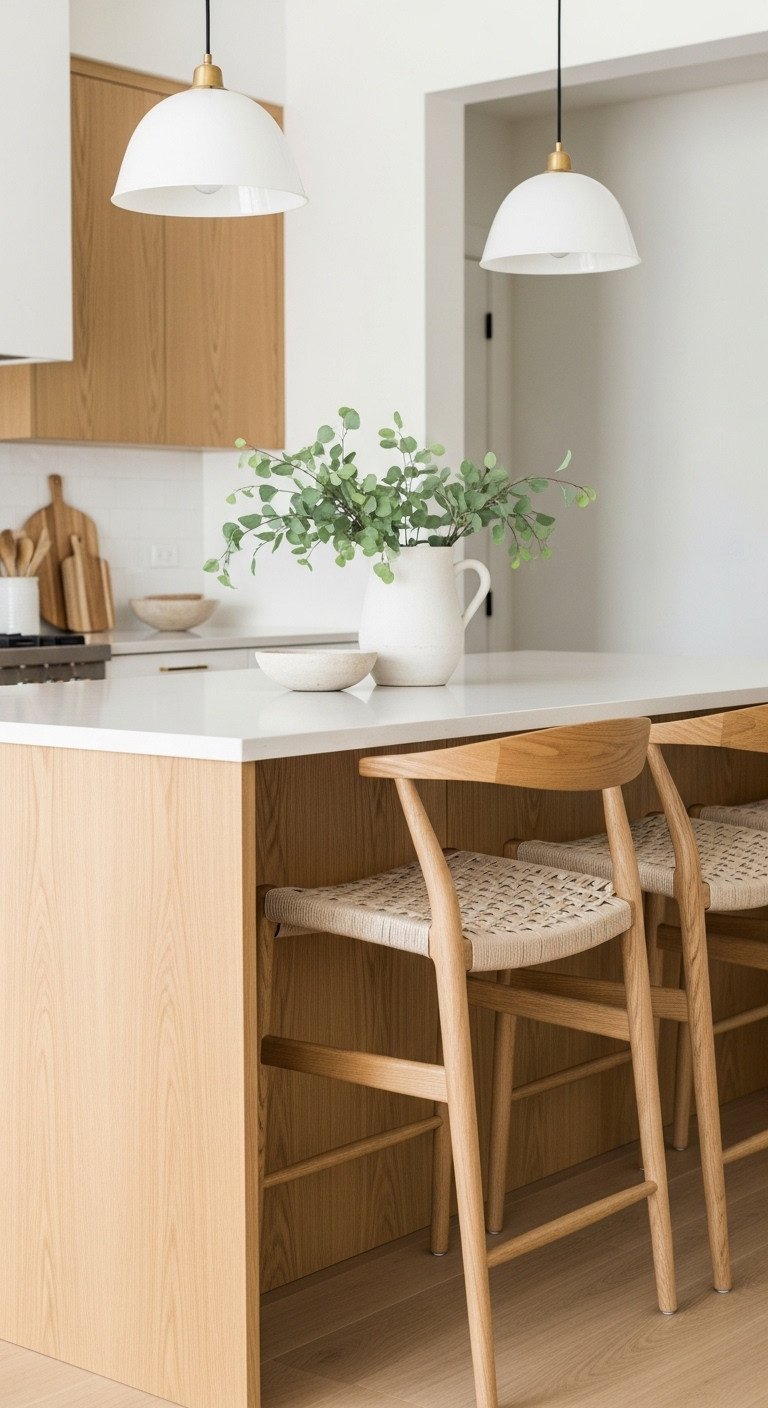 Modern Japanese Zen Japandi kitchen island with light oak wood white countertop and Scandinavian bar stools in bright daylight