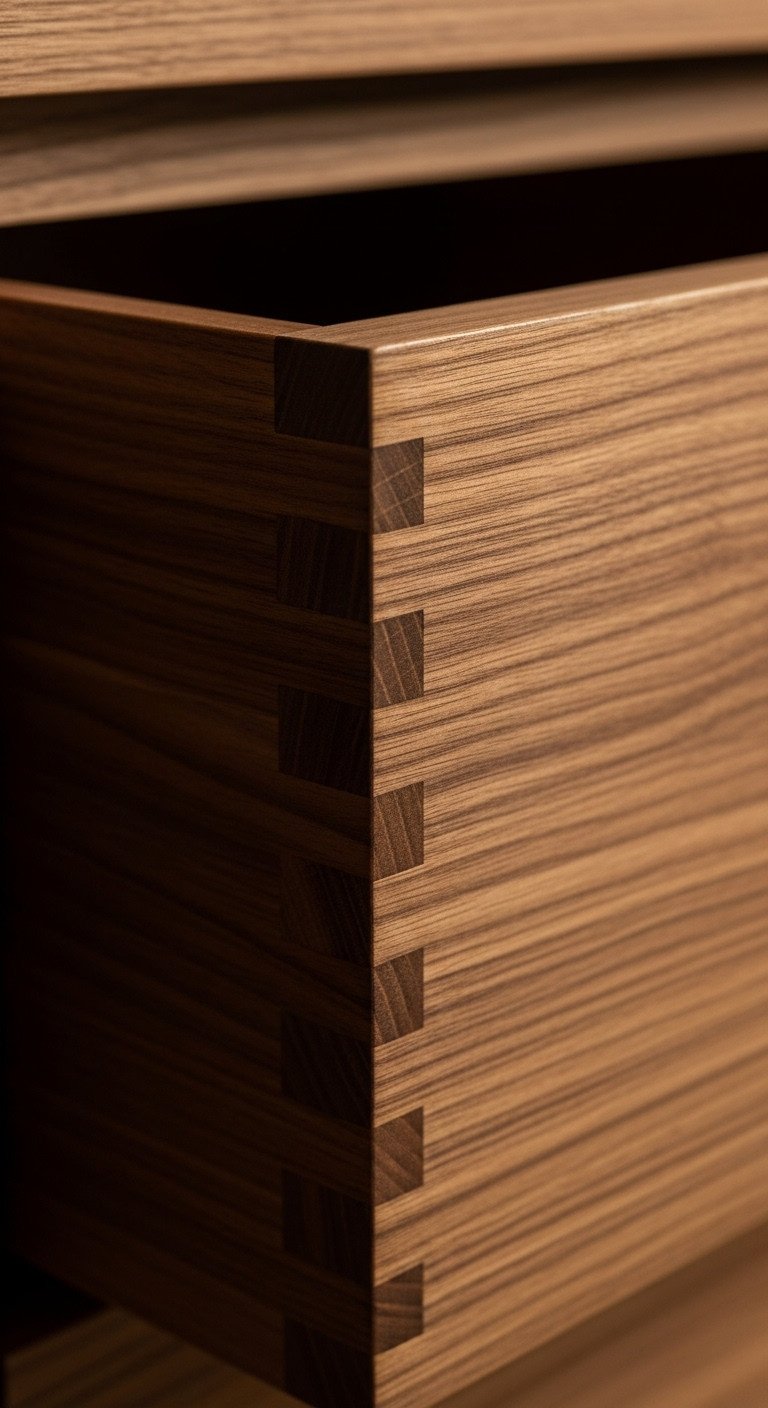 Modern Japanese Zen kitchen close-up of dovetail joint on solid walnut wood drawer showcasing quality craftsmanship