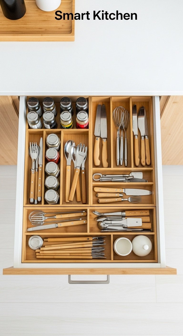 Modern Japanese Zen kitchen drawer with bamboo dividers neatly organizing spices utensils and tools in bright daylight