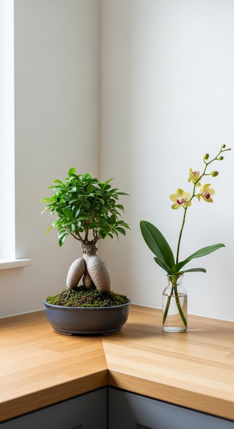 Modern Japanese Zen kitchen with bonsai tree in dark gray pot and Ikebana orchid arrangement on light wood countertop in daylight
