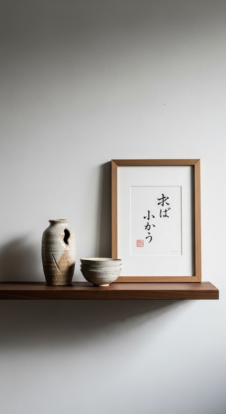 Modern Japanese Zen kitchen with dark wood floating shelf wabi-sabi ceramic vase handmade bowls and calligraphy art in dramatic lighting