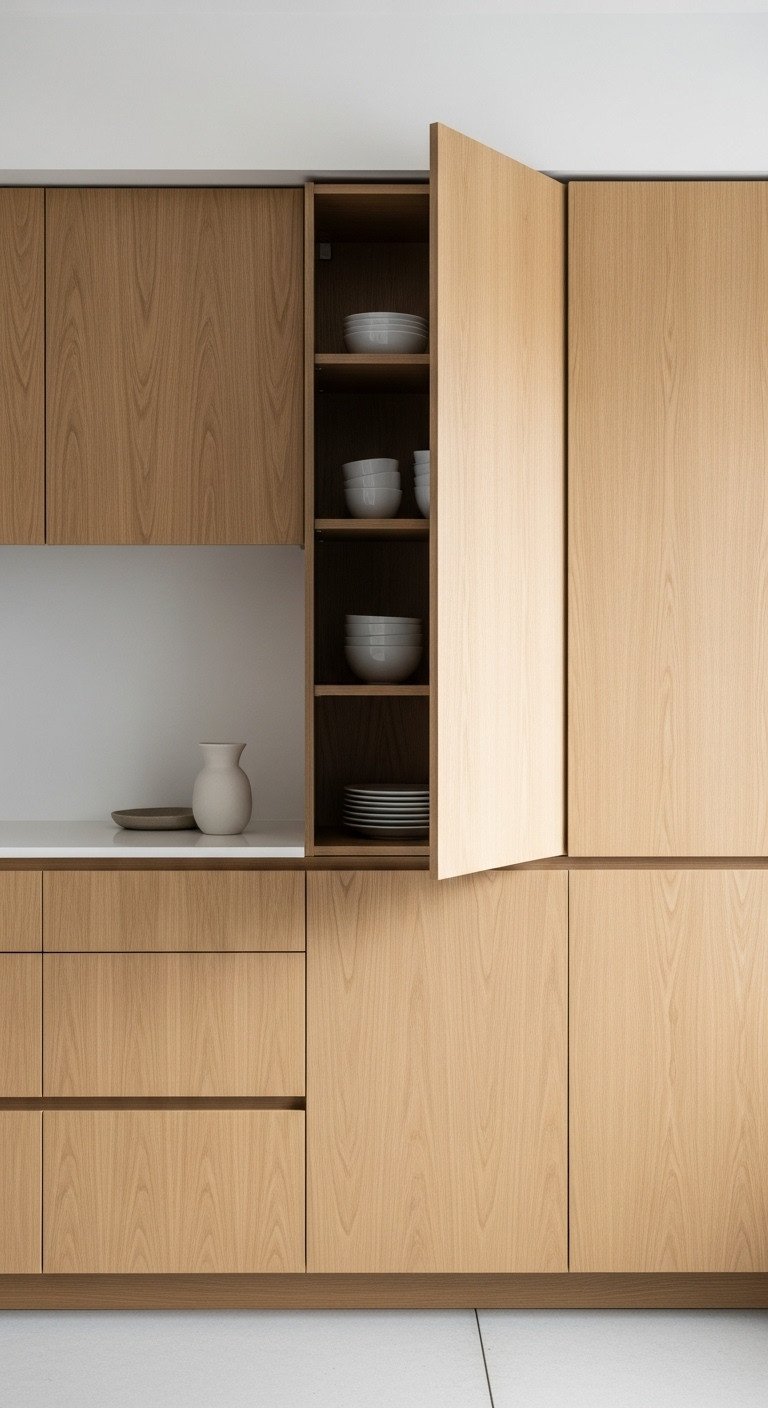 Modern Japanese Zen kitchen with handleless light oak cabinets revealing organized white ceramic dishes in soft natural light