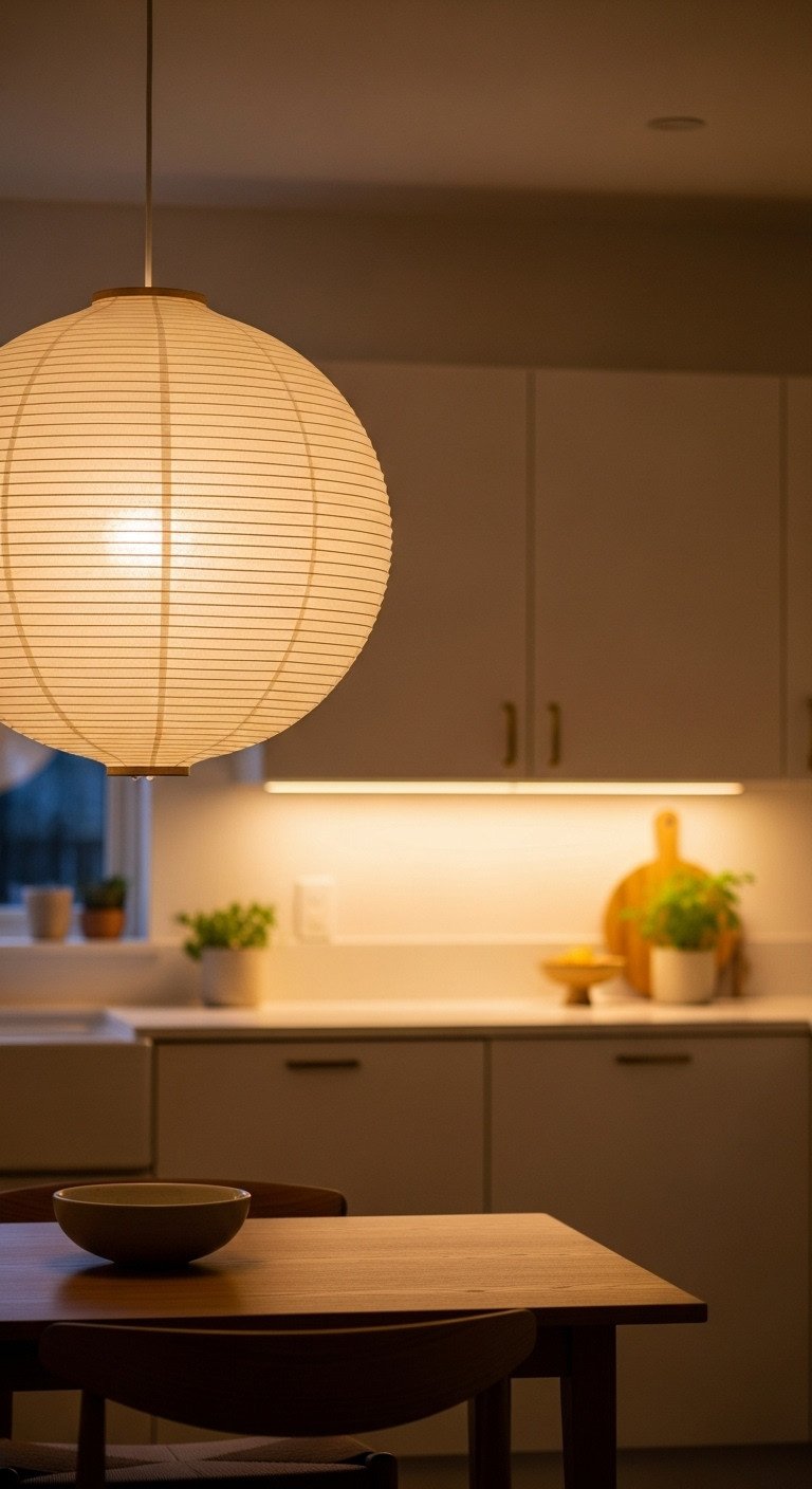 Modern Japanese Zen kitchen with large rice paper lantern over wooden table and under-cabinet LED strips in warm golden light