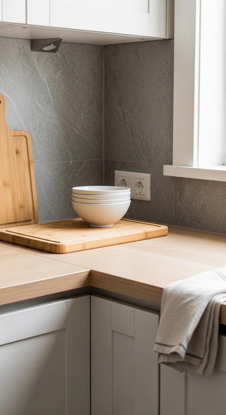 Modern Japanese Zen kitchen with light ash wood countertop gray slate backsplash bamboo cutting board and ceramic bowls in daylight