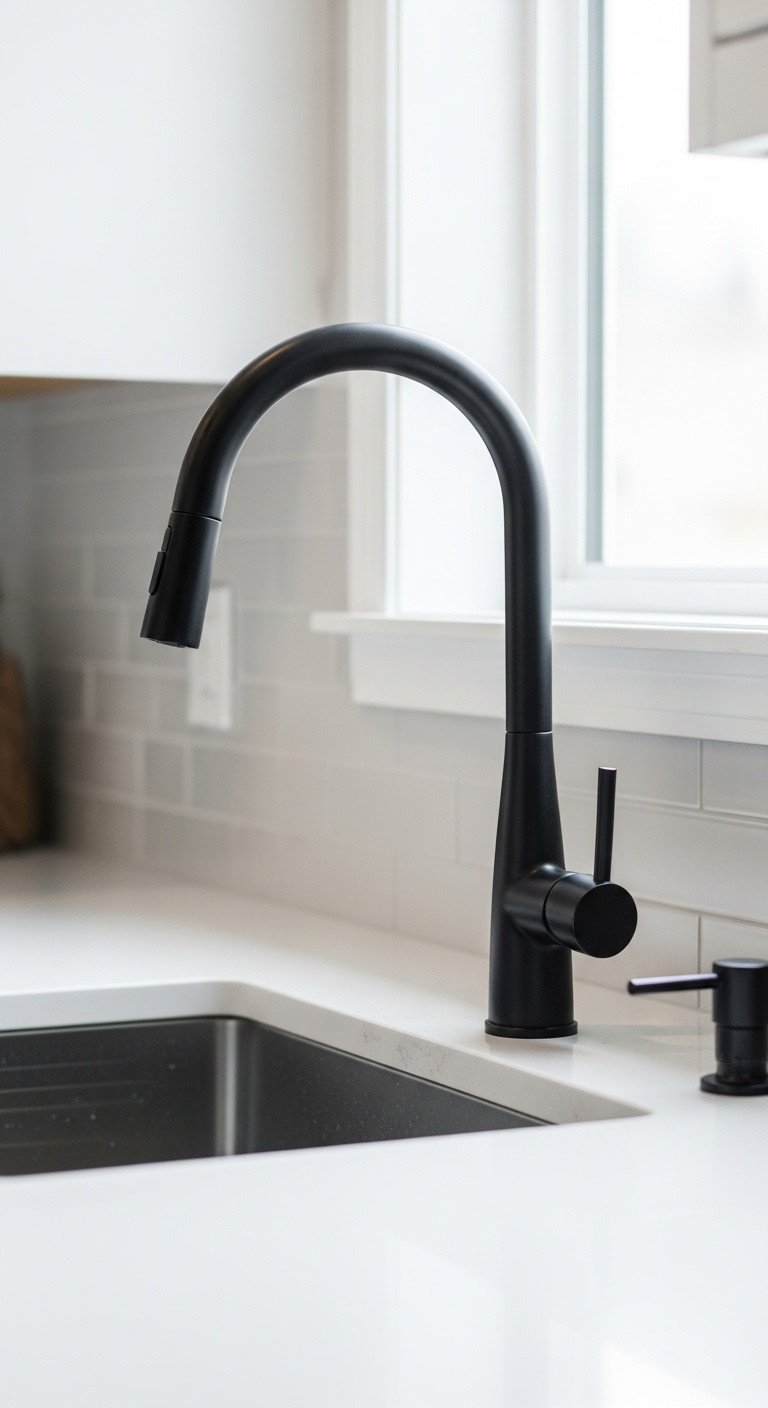 Modern Japanese Zen kitchen with sleek matte black gooseneck faucet white quartz countertop and undermount sink in natural light