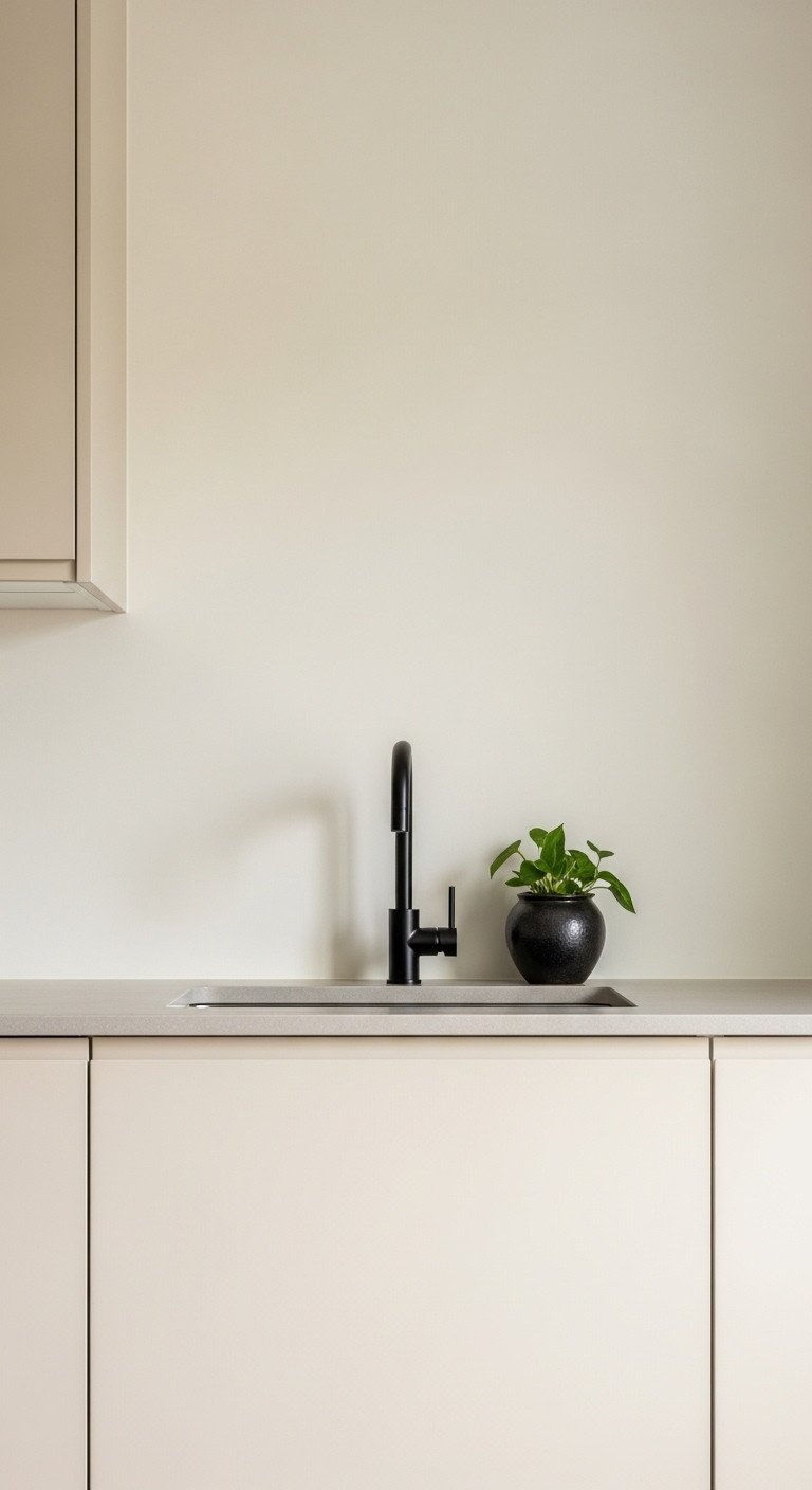 Modern Japanese Zen kitchen with soft beige wall cream cabinets light gray countertop matte black faucet and green plant