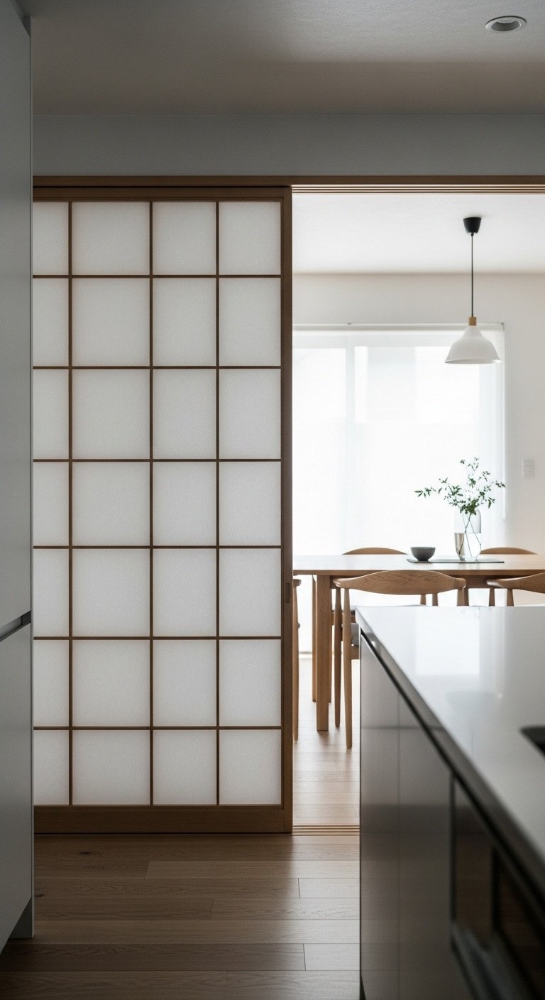 Modern Japanese Zen kitchen with translucent shoji screen room divider partially open revealing minimalist dining area in diffused light