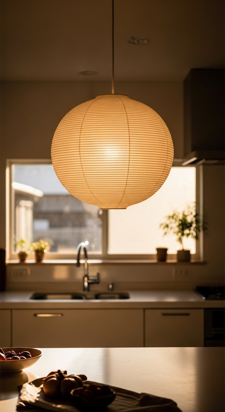 Modern Japanese kitchen featuring a large paper lantern pendant light casting soft diffused lighting over a minimalist island