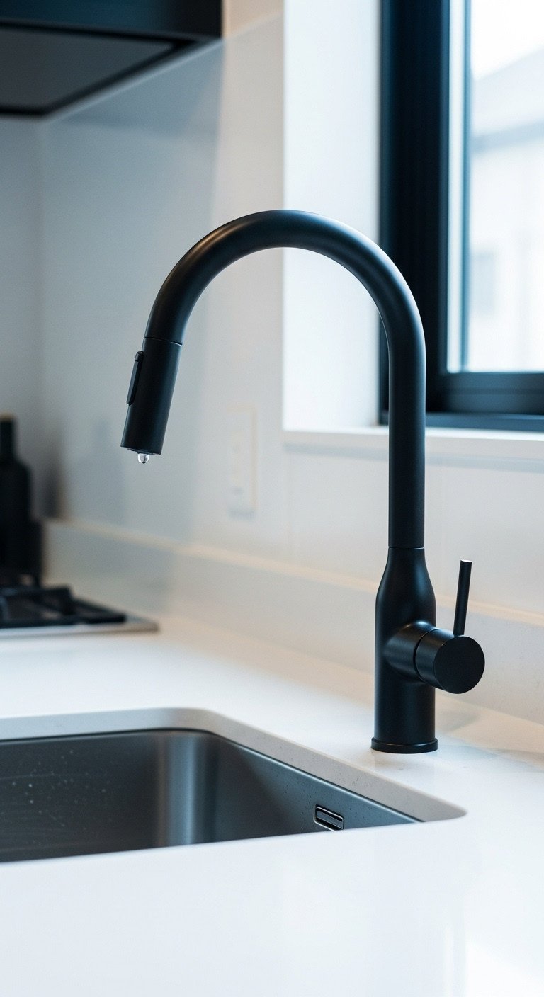 Modern Japanese kitchen featuring a sleek matte black gooseneck faucet on a light quartz countertop