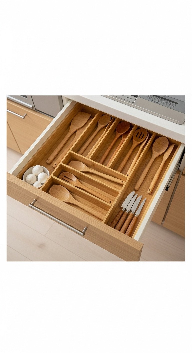Modern Japanese kitchen with a deep drawer showcasing hidden storage solutions and bamboo dividers for organized utensils