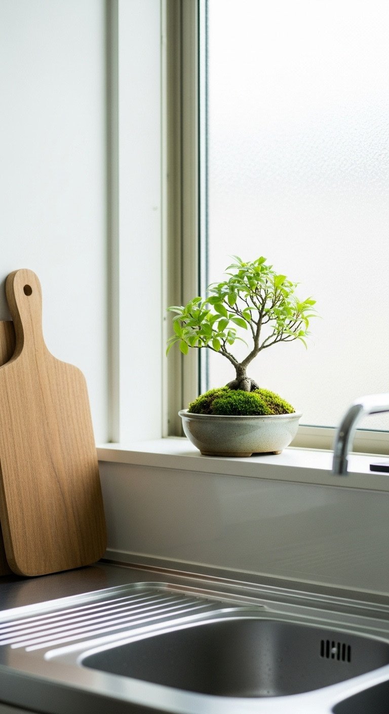 Modern Japanese kitchen with a small elegant bonsai tree on a windowsill adding a touch of greenery