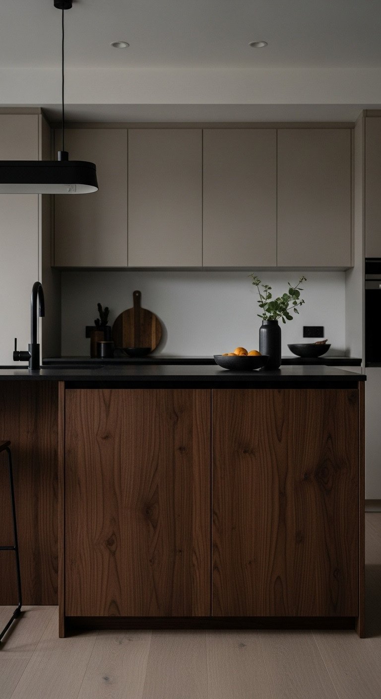 Modern Japanese kitchen with dark American walnut island black stone countertop and beige upper cabinets under dramatic side lighting