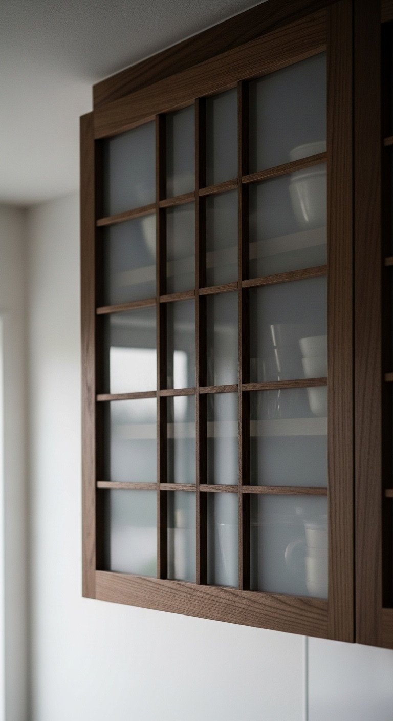 Modern Japanese kitchen with dark wood shoji-inspired grid cabinet door frosted glass panel and soft natural window light