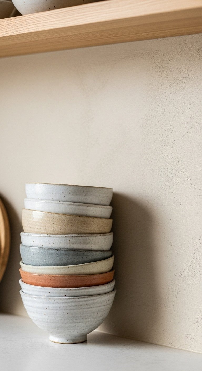 Modern Japanese kitchen with earthy beige limewash wall and handmade ceramic bowls in creams sand and soft gray
