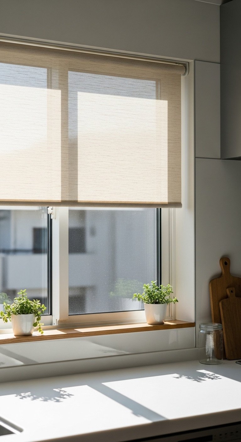 Modern Japanese kitchen with large window translucent linen blind and sunlight streaming onto a clean countertop for natural light