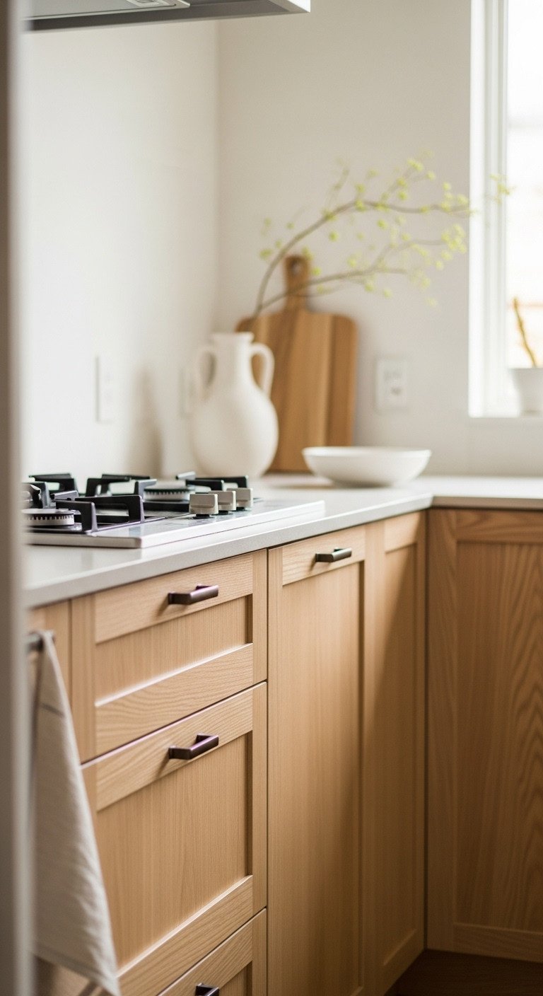Modern Japanese kitchen with light oak cabinets white ceramic vase natural wood elements and minimalist design for tranquil spaces