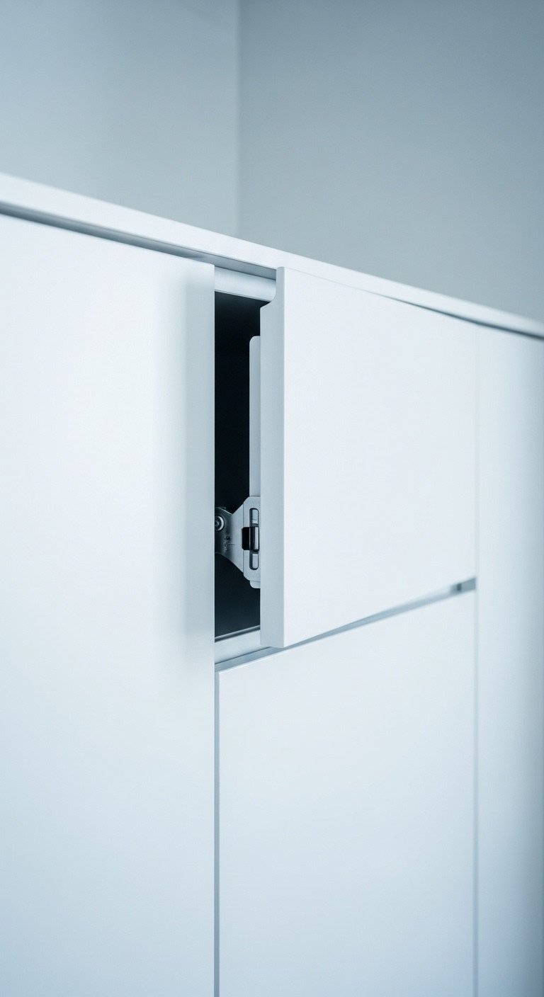 Modern Japanese kitchen with minimalist handleless matte white cabinets and a visible push-to-open mechanism