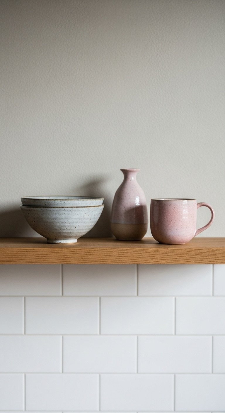 Modern Japanese kitchen with simple organic shaped Wabi-Sabi ceramic decor on a floating oak shelf