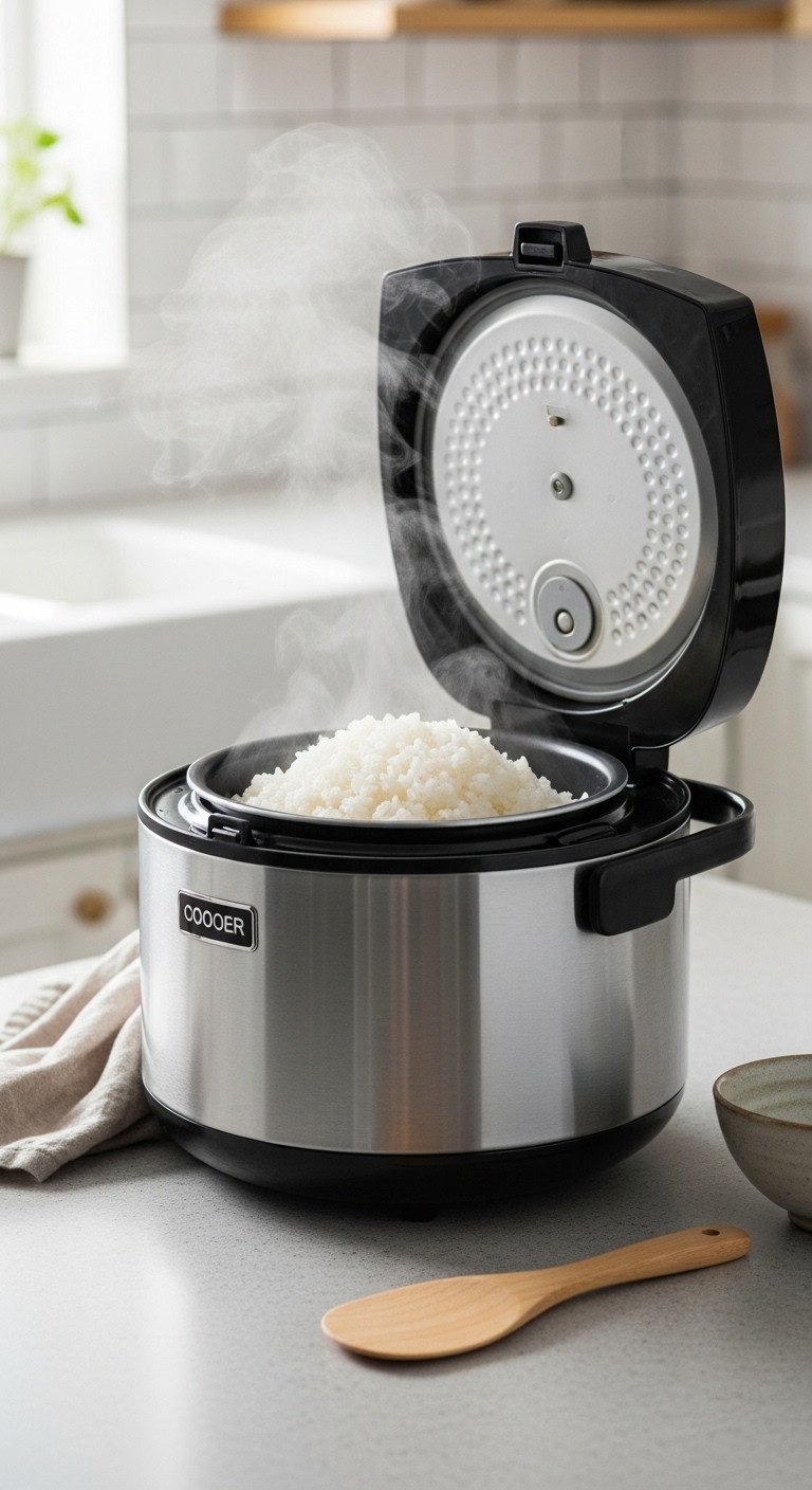 Modern Japanese rice cooker with lid ajar revealing fluffy steaming white rice on granite countertop with wooden rice paddle