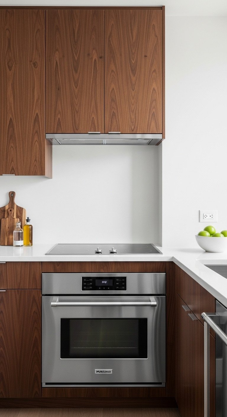 Modern NYC compact kitchen featuring integrated stainless steel appliances within dark walnut cabinetry, white quartz countertops.