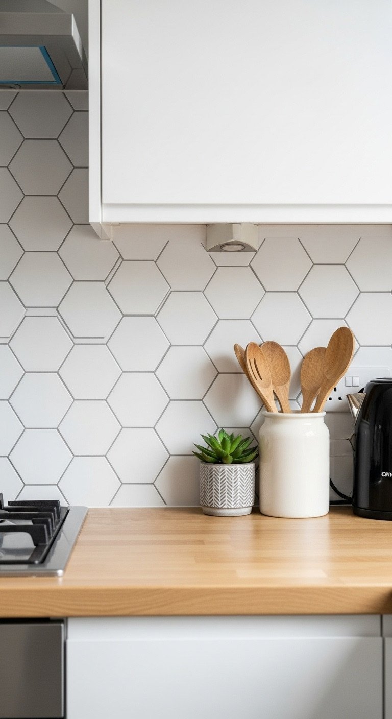 Brilliant Uk Apartment Kitchen Ideas For Renters And Small Spaces 3 Modern UK kitchen featuring new white hexagonal peel-and-stick tile splashback with dark grey grout, wood worktop.