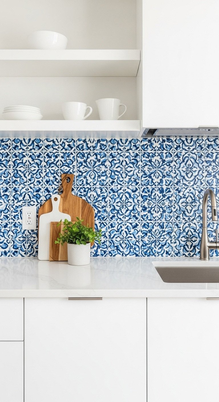 Modern apartment kitchen with a vibrant hand painted blue and white patterned tile backsplash extending to the ceiling with white floating shelves
