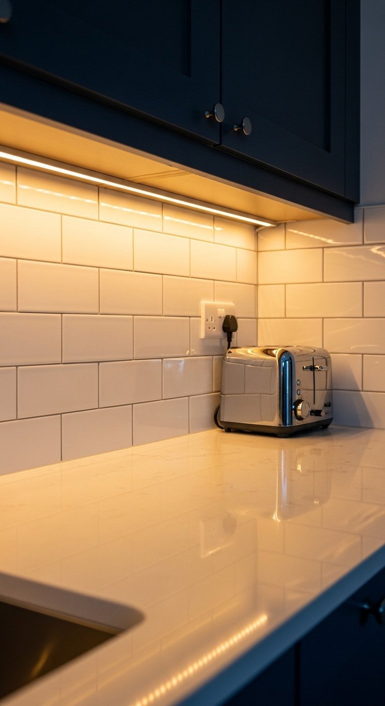 Modern apartment kitchen with glossy light reflecting subway tile backsplash, warm under cabinet LED lighting, quartz countertop and chrome toaster