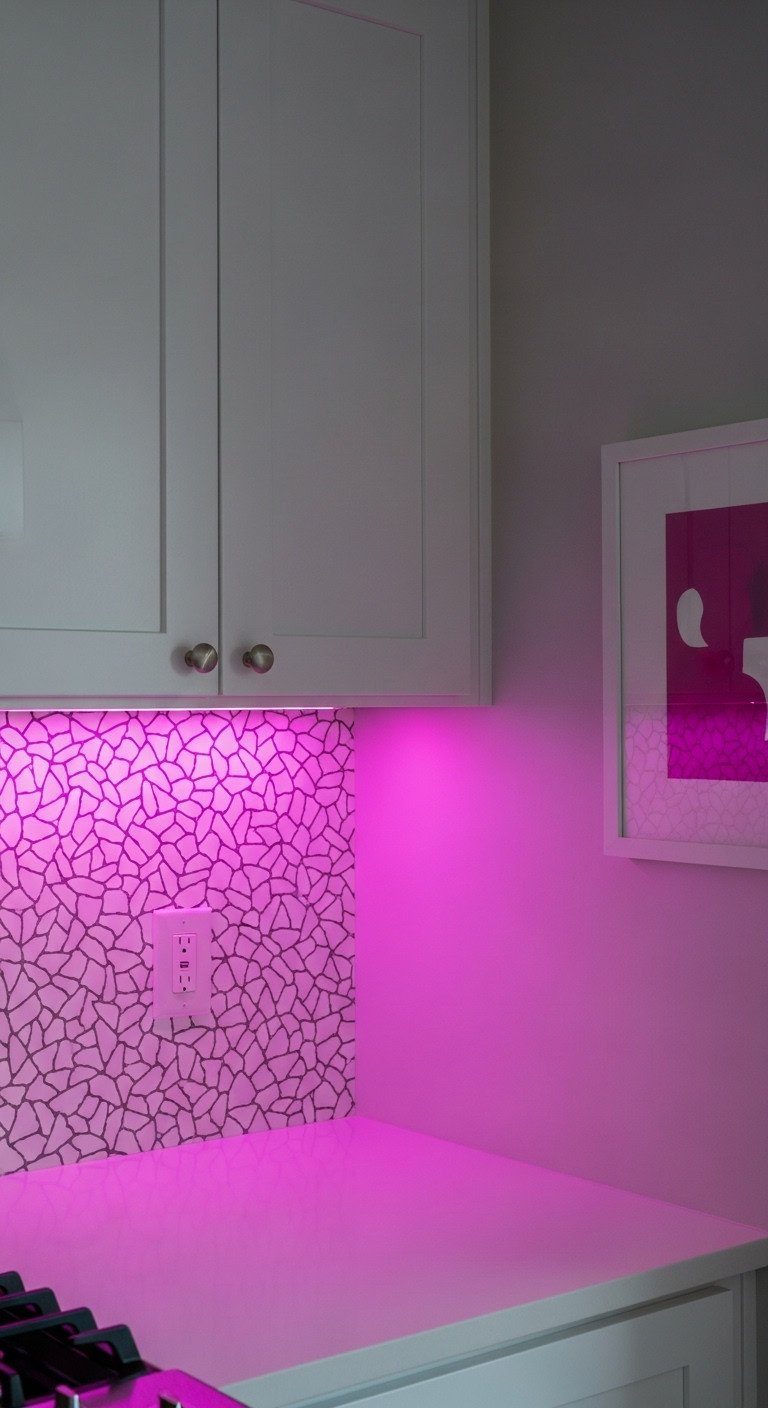 Modern apartment kitchen with magenta color changing LED light strip illuminating a patterned removable wallpaper backsplash and abstract art