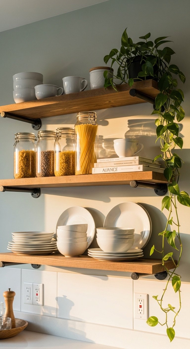 Modern apartment kitchen with rustic reclaimed wood shelves, black industrial pipe brackets, white dishware, glass jars, cookbooks, and a pothos plant