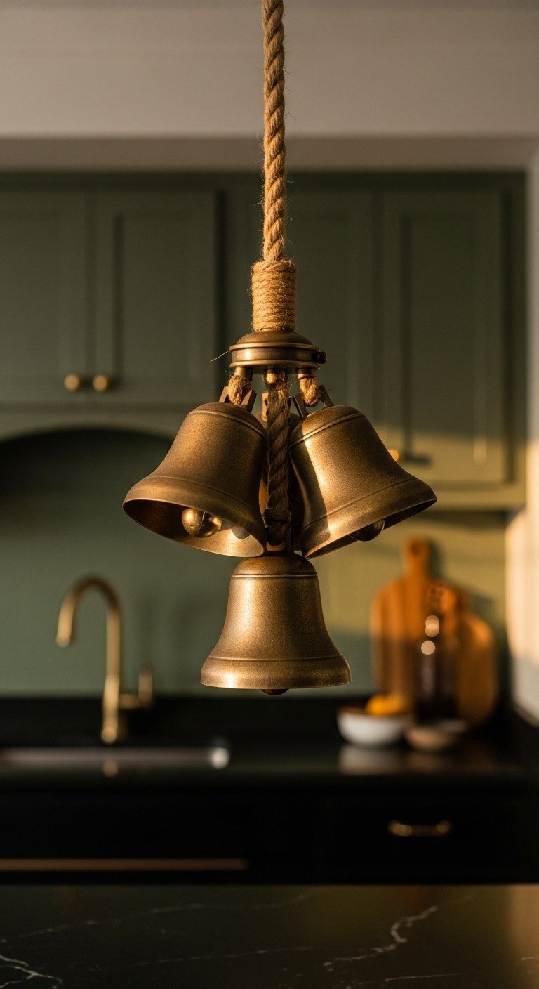 Modern brass pendant light with three rustic brass bells hanging by jute rope over a dark kitchen counter. Holiday decor.