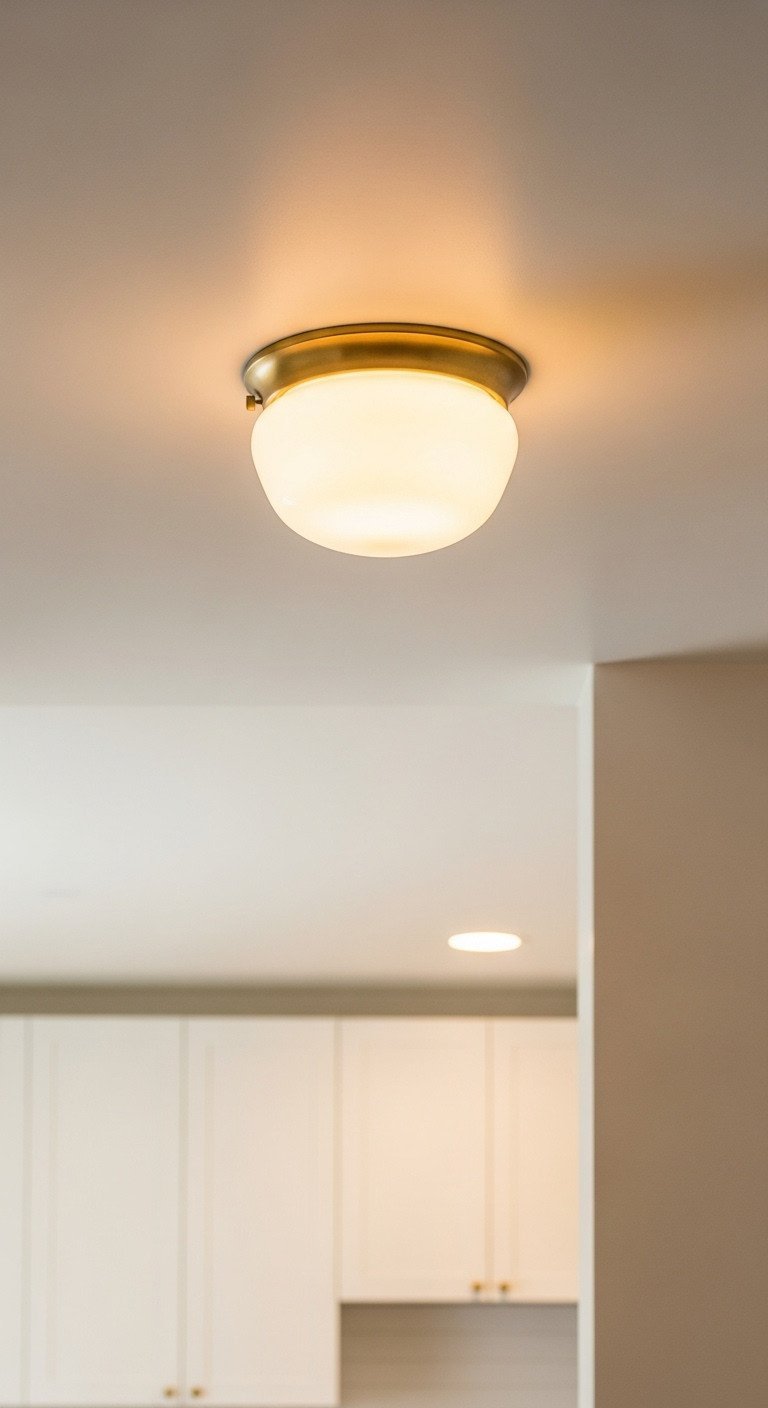 Modern brass semi-flush mount ceiling light with milky glass globe. Creates warm, inviting entryway ambiance and style.