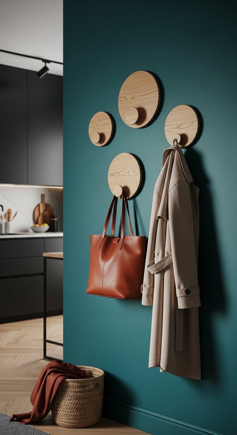 Modern decorative oak wood wall hooks on deep teal entryway wall. Holds leather tote bag and a light trench coat.